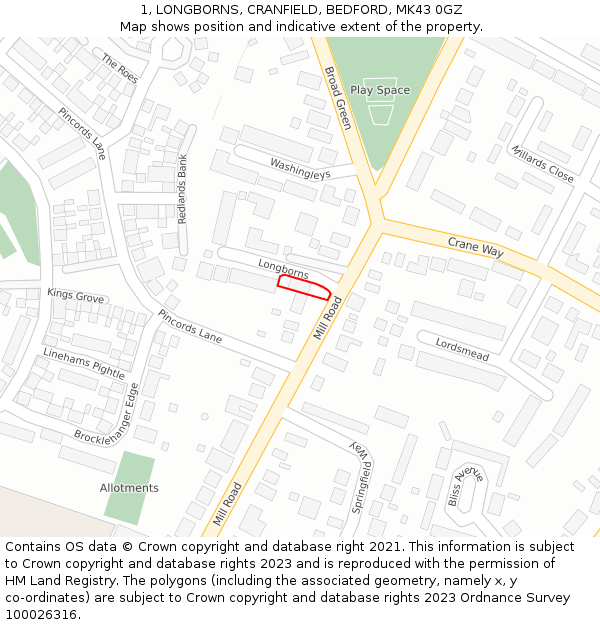 1, LONGBORNS, CRANFIELD, BEDFORD, MK43 0GZ: Location map and indicative extent of plot