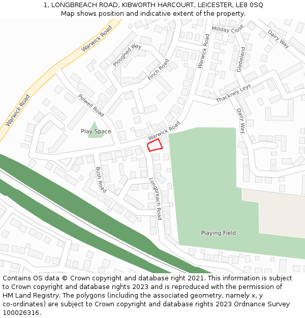 1, LONGBREACH ROAD, KIBWORTH HARCOURT, LEICESTER, LE8 0SQ: Location map and indicative extent of plot