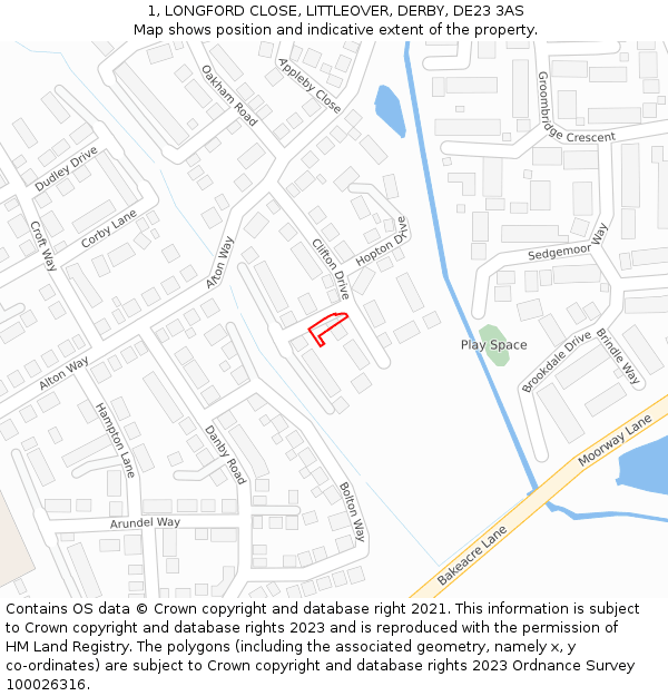 1, LONGFORD CLOSE, LITTLEOVER, DERBY, DE23 3AS: Location map and indicative extent of plot