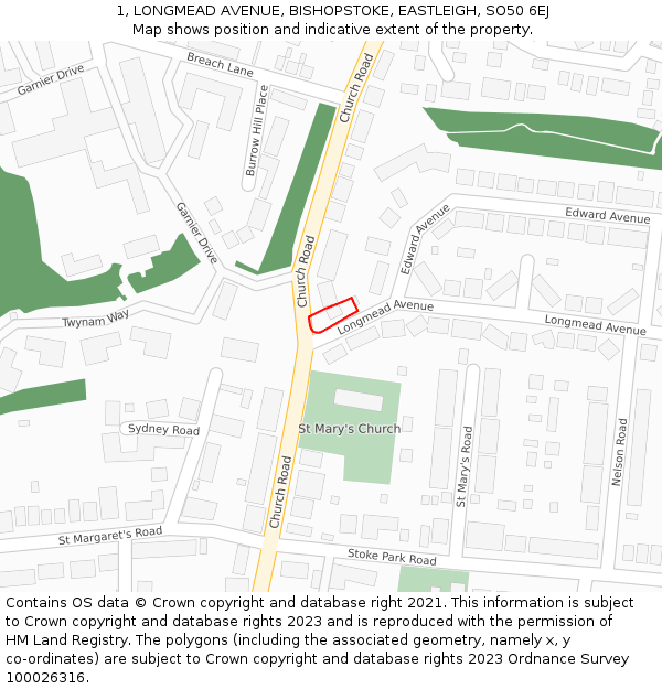 1, LONGMEAD AVENUE, BISHOPSTOKE, EASTLEIGH, SO50 6EJ: Location map and indicative extent of plot