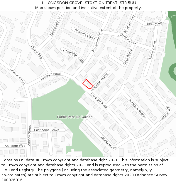 1, LONGSDON GROVE, STOKE-ON-TRENT, ST3 5UU: Location map and indicative extent of plot