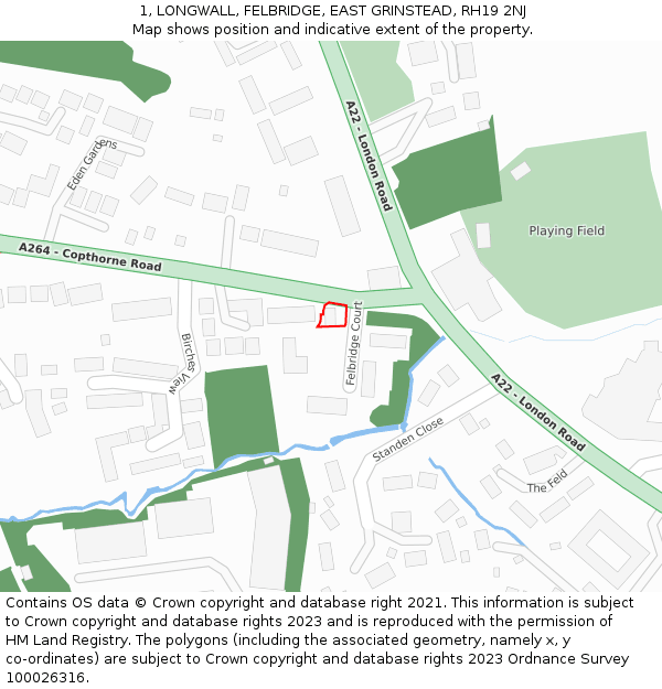 1, LONGWALL, FELBRIDGE, EAST GRINSTEAD, RH19 2NJ: Location map and indicative extent of plot
