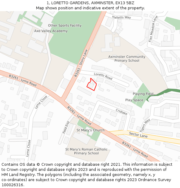 1, LORETTO GARDENS, AXMINSTER, EX13 5BZ: Location map and indicative extent of plot