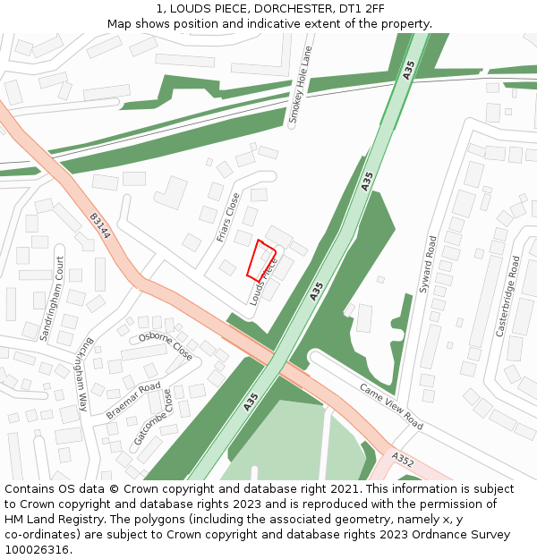 1, LOUDS PIECE, DORCHESTER, DT1 2FF: Location map and indicative extent of plot