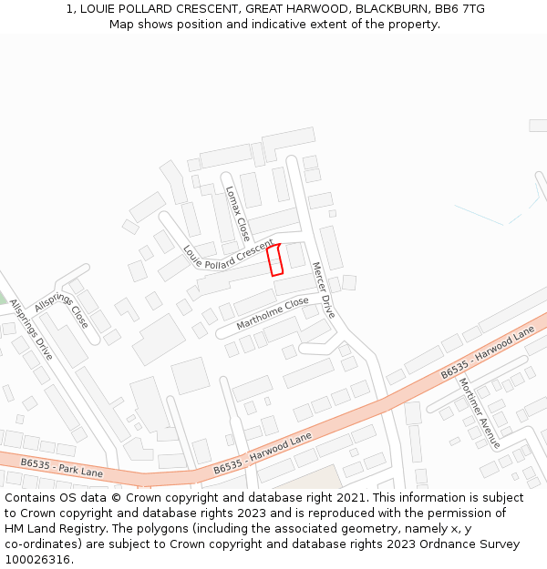1, LOUIE POLLARD CRESCENT, GREAT HARWOOD, BLACKBURN, BB6 7TG: Location map and indicative extent of plot