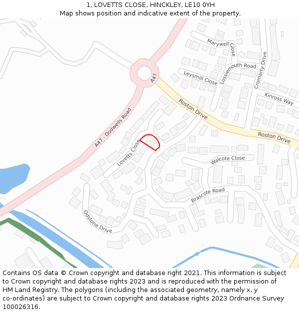 1, LOVETTS CLOSE, HINCKLEY, LE10 0YH: Location map and indicative extent of plot