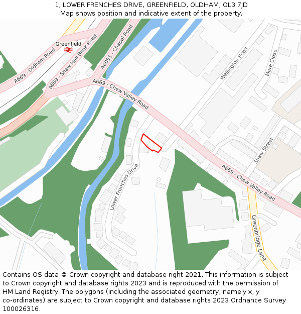 1, LOWER FRENCHES DRIVE, GREENFIELD, OLDHAM, OL3 7JD: Location map and indicative extent of plot