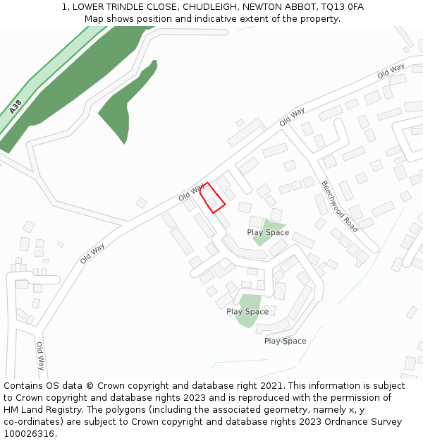 1, LOWER TRINDLE CLOSE, CHUDLEIGH, NEWTON ABBOT, TQ13 0FA: Location map and indicative extent of plot