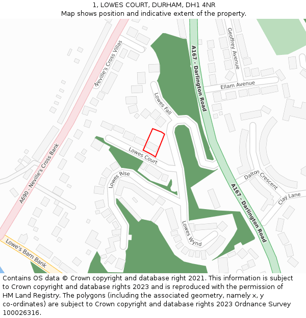 1, LOWES COURT, DURHAM, DH1 4NR: Location map and indicative extent of plot