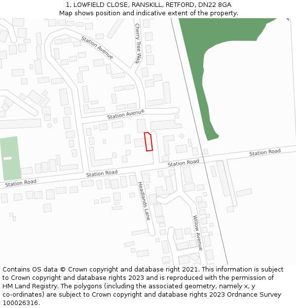 1, LOWFIELD CLOSE, RANSKILL, RETFORD, DN22 8GA: Location map and indicative extent of plot