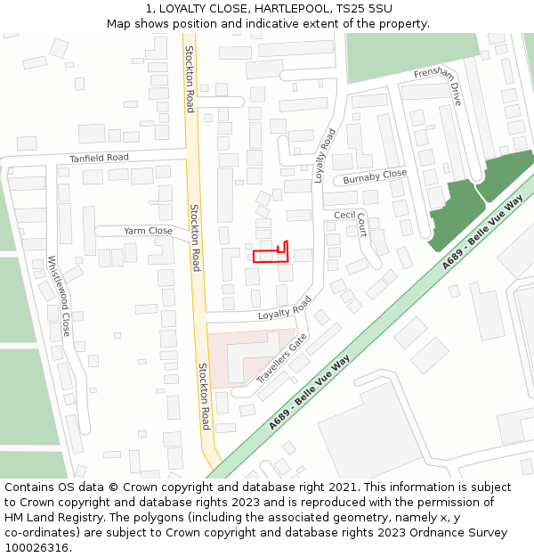 1, LOYALTY CLOSE, HARTLEPOOL, TS25 5SU: Location map and indicative extent of plot