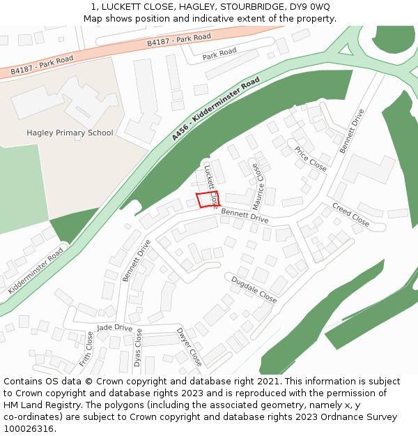 1, LUCKETT CLOSE, HAGLEY, STOURBRIDGE, DY9 0WQ: Location map and indicative extent of plot
