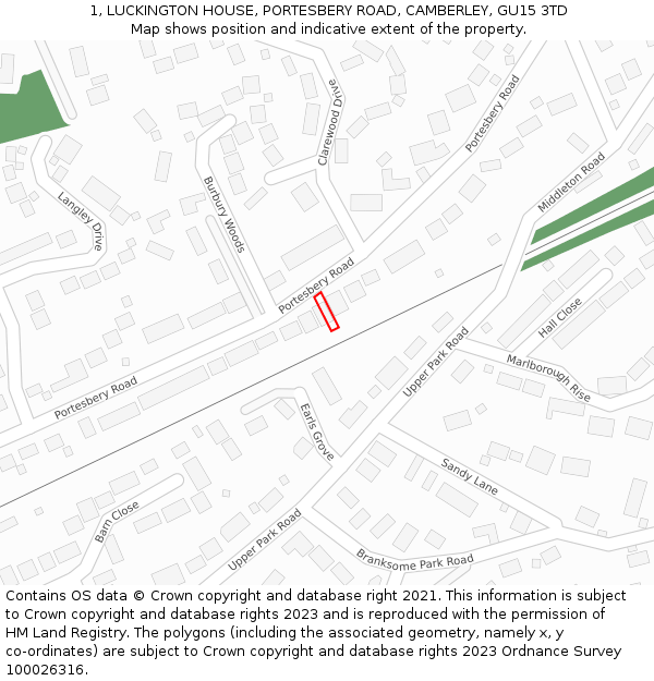 1, LUCKINGTON HOUSE, PORTESBERY ROAD, CAMBERLEY, GU15 3TD: Location map and indicative extent of plot