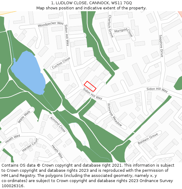 1, LUDLOW CLOSE, CANNOCK, WS11 7GQ: Location map and indicative extent of plot