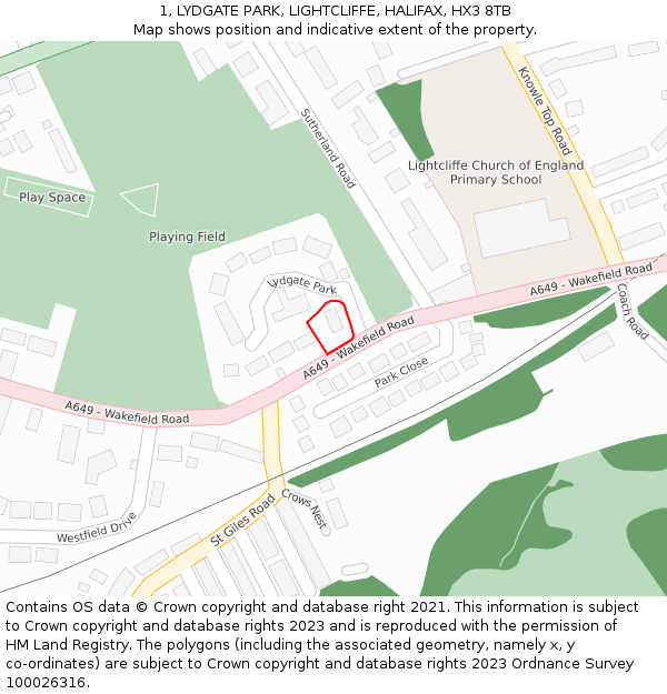 1, LYDGATE PARK, LIGHTCLIFFE, HALIFAX, HX3 8TB: Location map and indicative extent of plot