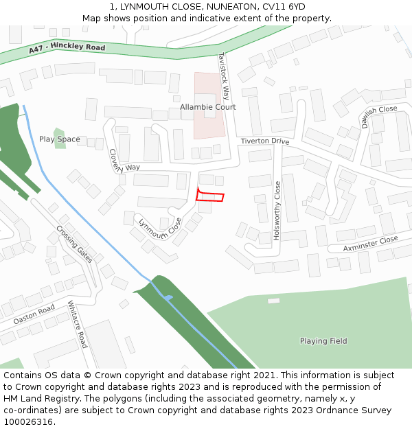 1, LYNMOUTH CLOSE, NUNEATON, CV11 6YD: Location map and indicative extent of plot