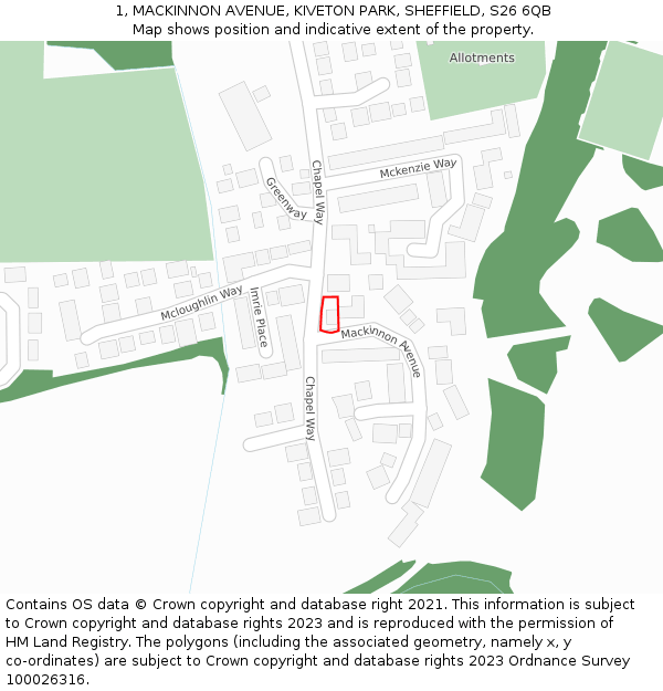 1, MACKINNON AVENUE, KIVETON PARK, SHEFFIELD, S26 6QB: Location map and indicative extent of plot