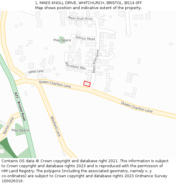 1, MAES KNOLL DRIVE, WHITCHURCH, BRISTOL, BS14 0FF: Location map and indicative extent of plot