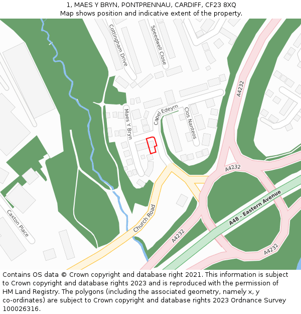 1, MAES Y BRYN, PONTPRENNAU, CARDIFF, CF23 8XQ: Location map and indicative extent of plot