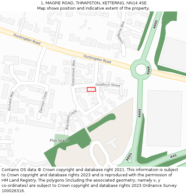 1, MAGPIE ROAD, THRAPSTON, KETTERING, NN14 4SE: Location map and indicative extent of plot