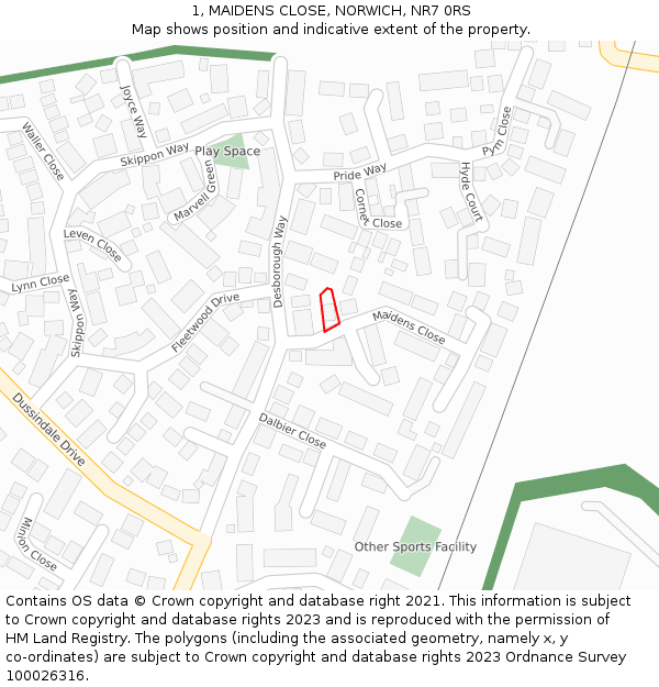 1, MAIDENS CLOSE, NORWICH, NR7 0RS: Location map and indicative extent of plot