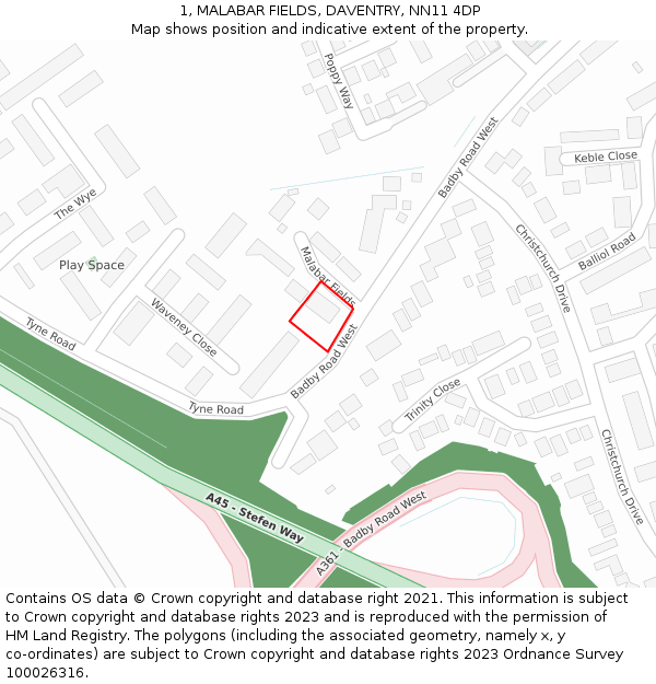 1, MALABAR FIELDS, DAVENTRY, NN11 4DP: Location map and indicative extent of plot