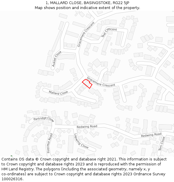 1, MALLARD CLOSE, BASINGSTOKE, RG22 5JP: Location map and indicative extent of plot
