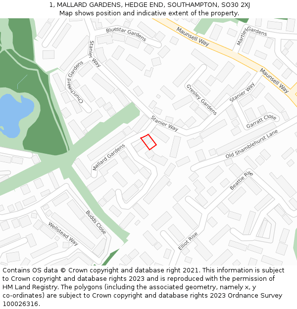 1, MALLARD GARDENS, HEDGE END, SOUTHAMPTON, SO30 2XJ: Location map and indicative extent of plot