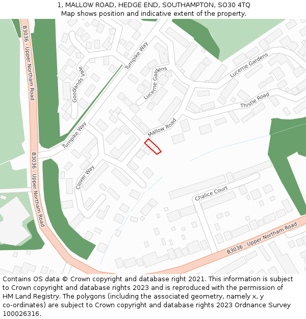 1, MALLOW ROAD, HEDGE END, SOUTHAMPTON, SO30 4TQ: Location map and indicative extent of plot