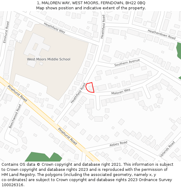1, MALOREN WAY, WEST MOORS, FERNDOWN, BH22 0BQ: Location map and indicative extent of plot