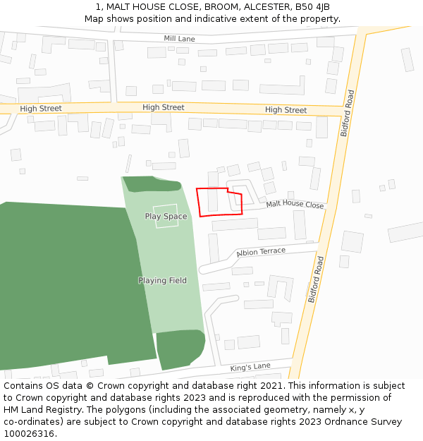 1, MALT HOUSE CLOSE, BROOM, ALCESTER, B50 4JB: Location map and indicative extent of plot