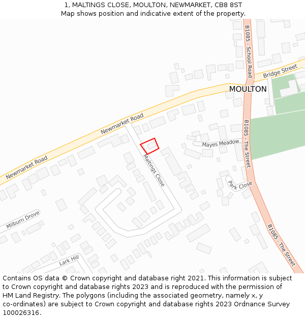 1, MALTINGS CLOSE, MOULTON, NEWMARKET, CB8 8ST: Location map and indicative extent of plot