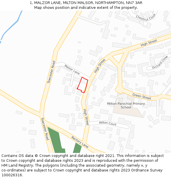 1, MALZOR LANE, MILTON MALSOR, NORTHAMPTON, NN7 3AR: Location map and indicative extent of plot