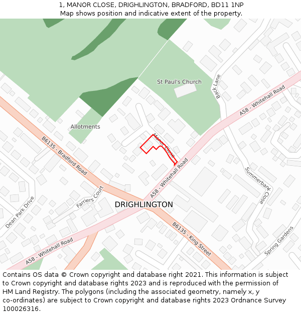 1, MANOR CLOSE, DRIGHLINGTON, BRADFORD, BD11 1NP: Location map and indicative extent of plot