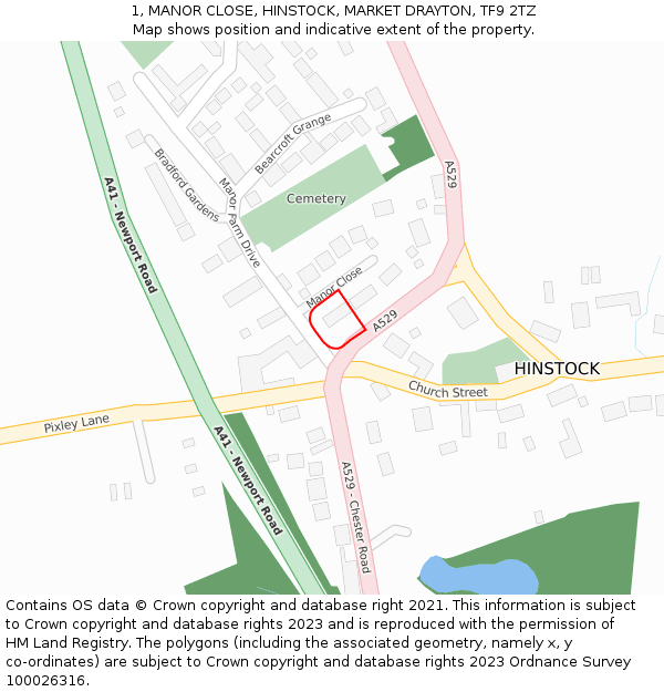 1, MANOR CLOSE, HINSTOCK, MARKET DRAYTON, TF9 2TZ: Location map and indicative extent of plot