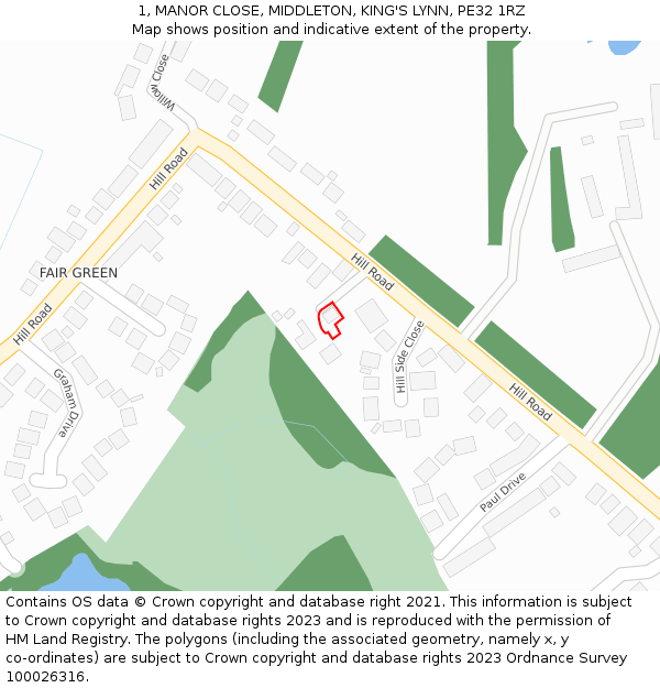 1, MANOR CLOSE, MIDDLETON, KING'S LYNN, PE32 1RZ: Location map and indicative extent of plot