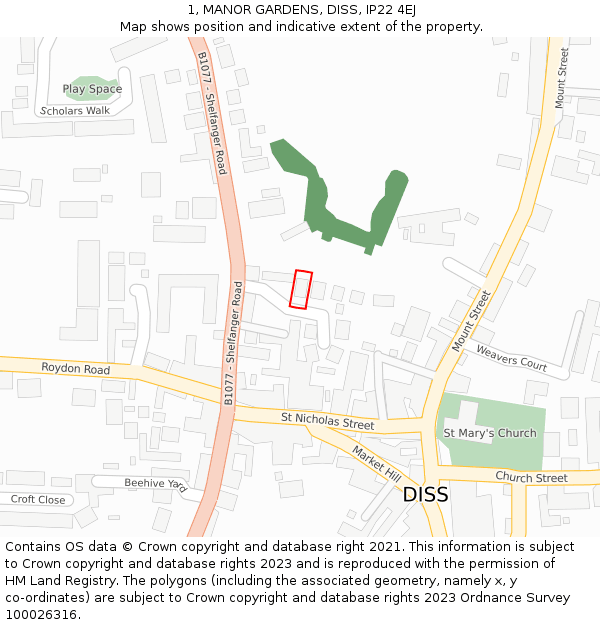 1, MANOR GARDENS, DISS, IP22 4EJ: Location map and indicative extent of plot