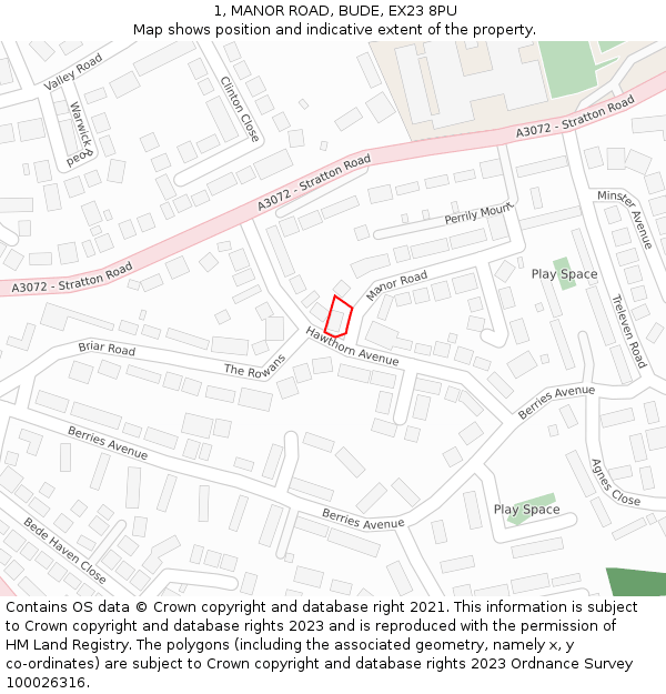 1, MANOR ROAD, BUDE, EX23 8PU: Location map and indicative extent of plot
