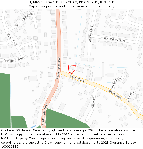 1, MANOR ROAD, DERSINGHAM, KING'S LYNN, PE31 6LD: Location map and indicative extent of plot