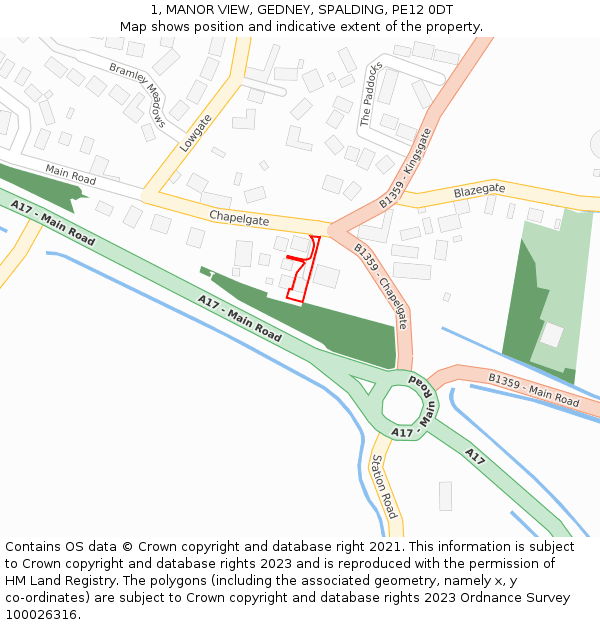 1, MANOR VIEW, GEDNEY, SPALDING, PE12 0DT: Location map and indicative extent of plot