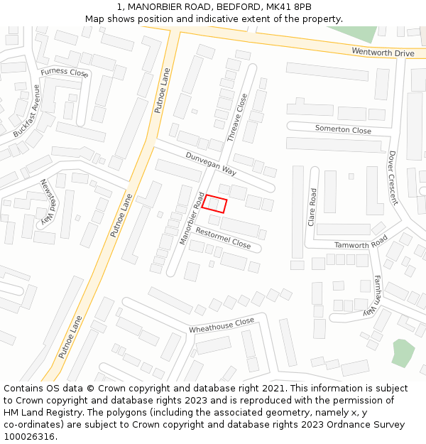 1, MANORBIER ROAD, BEDFORD, MK41 8PB: Location map and indicative extent of plot