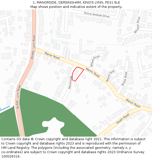 1, MANORSIDE, DERSINGHAM, KING'S LYNN, PE31 6LE: Location map and indicative extent of plot