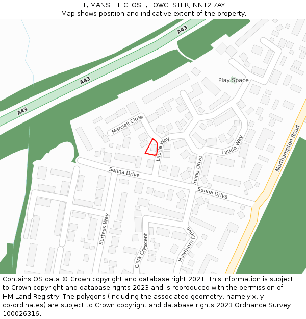 1, MANSELL CLOSE, TOWCESTER, NN12 7AY: Location map and indicative extent of plot