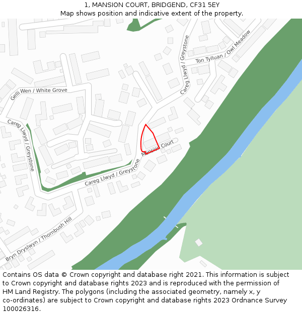 1, MANSION COURT, BRIDGEND, CF31 5EY: Location map and indicative extent of plot