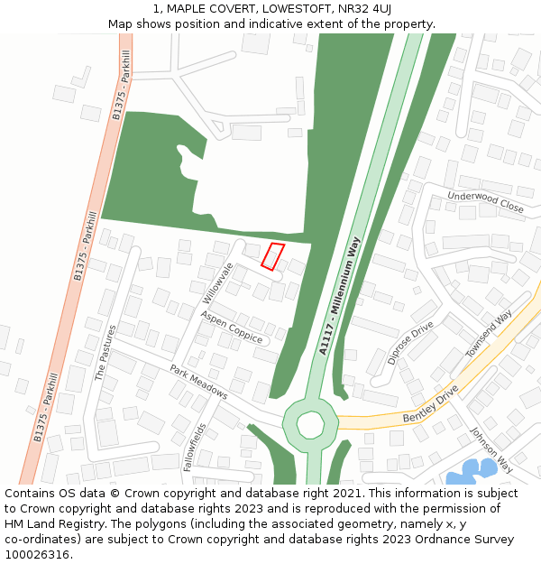 1, MAPLE COVERT, LOWESTOFT, NR32 4UJ: Location map and indicative extent of plot