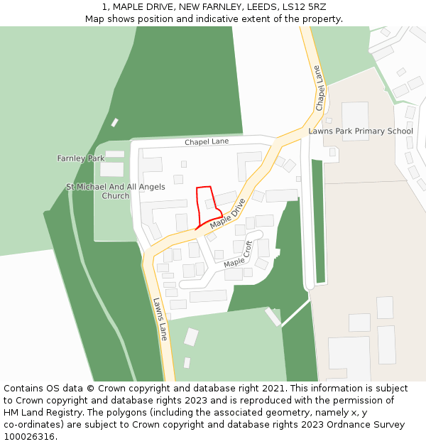 1, MAPLE DRIVE, NEW FARNLEY, LEEDS, LS12 5RZ: Location map and indicative extent of plot