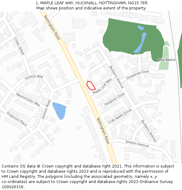 1, MAPLE LEAF WAY, HUCKNALL, NOTTINGHAM, NG15 7ER: Location map and indicative extent of plot