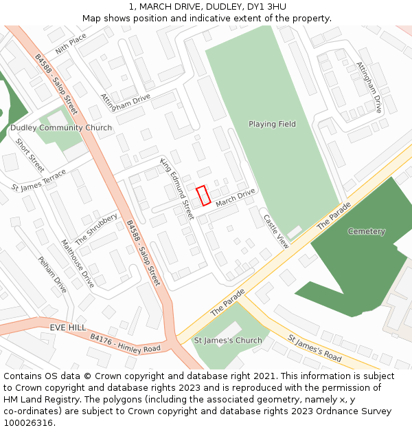 1, MARCH DRIVE, DUDLEY, DY1 3HU: Location map and indicative extent of plot