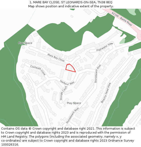 1, MARE BAY CLOSE, ST LEONARDS-ON-SEA, TN38 8EQ: Location map and indicative extent of plot