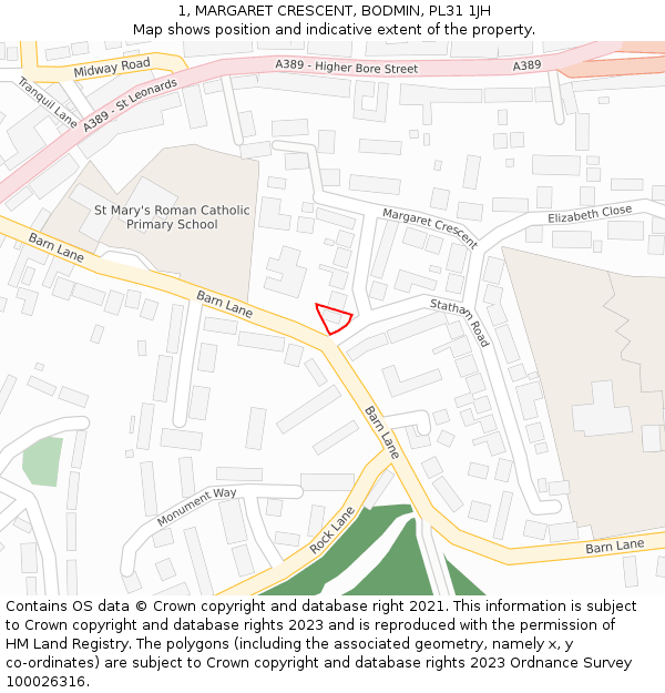 1, MARGARET CRESCENT, BODMIN, PL31 1JH: Location map and indicative extent of plot